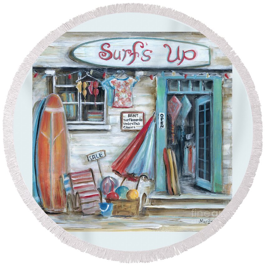 Surfing Round Beach Towel featuring the painting Surfs Up Beach Shop by Marilyn Dunlap