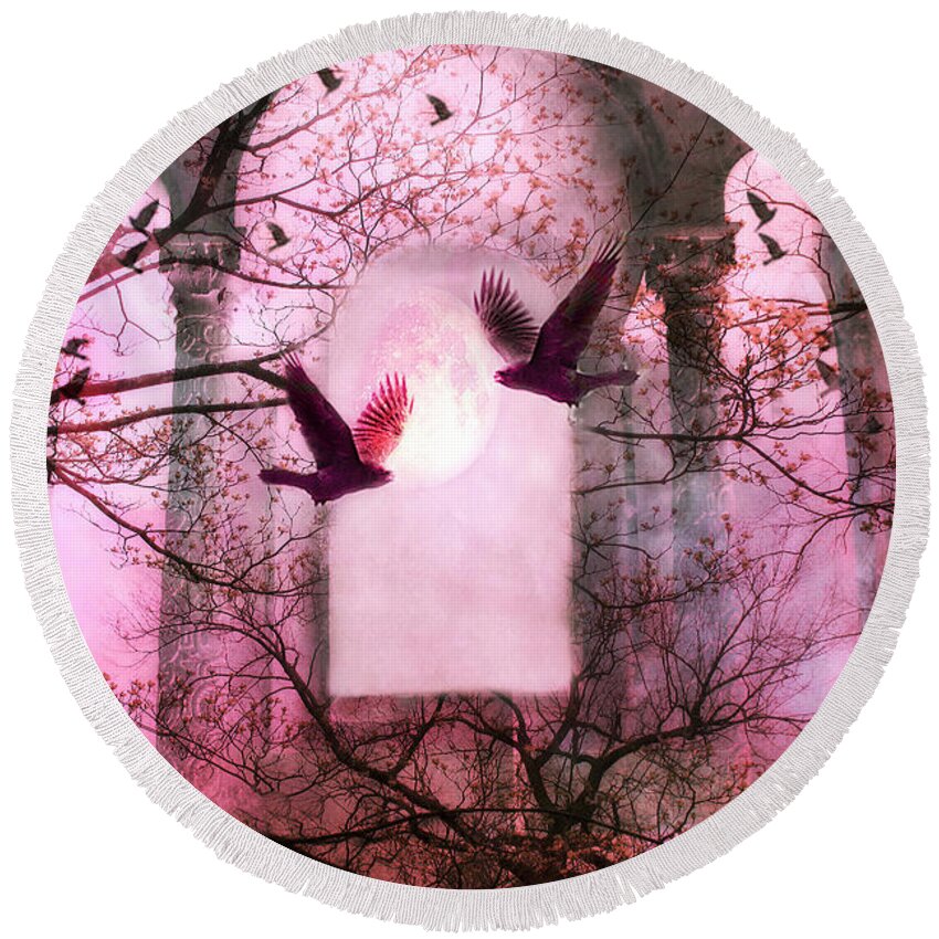 Nature Round Beach Towel featuring the photograph Surreal Pink Fantasy Forest Trees Nature With Flying Ravens by Kathy Fornal