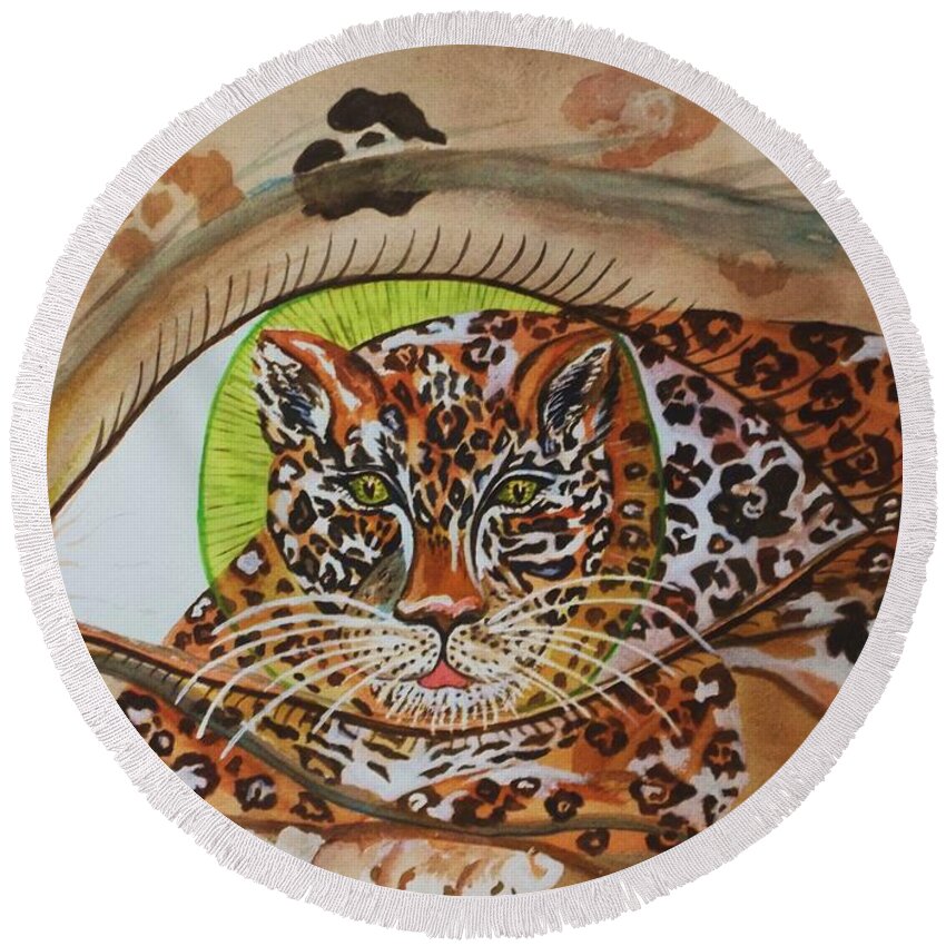 Jaguar Round Beach Towel featuring the painting Surreal- Shamans Eye- Shapeshifting Jaguar by Ellen Levinson