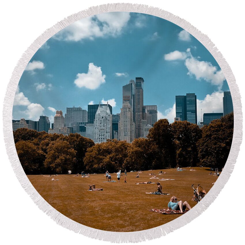 Abstract Round Beach Towel featuring the photograph Surreal Summer Day in Central Park by Amy Cicconi