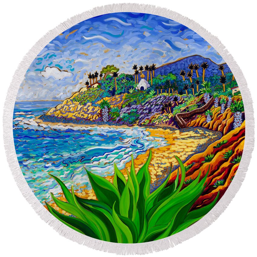 Encinitas Round Beach Towel featuring the painting Swami's Agave by Cathy Carey