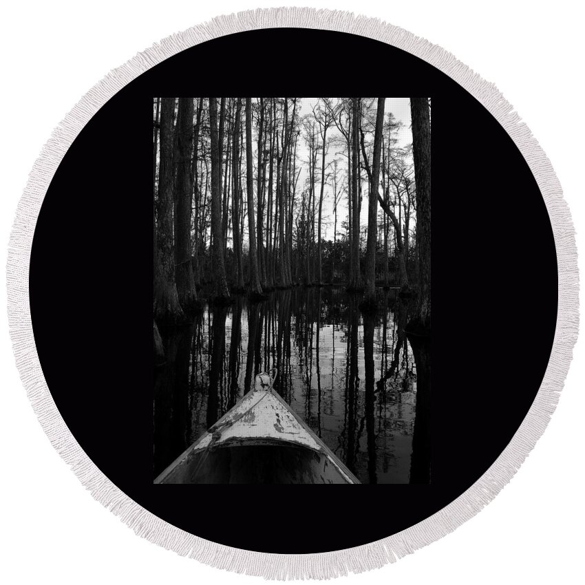 Black And White Round Beach Towel featuring the photograph Swamp Boat by Shirley Radabaugh