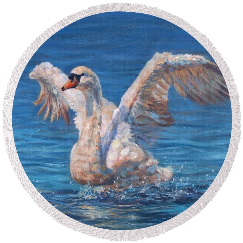 Swan Round Beach Towel featuring the painting Swan by David Stribbling