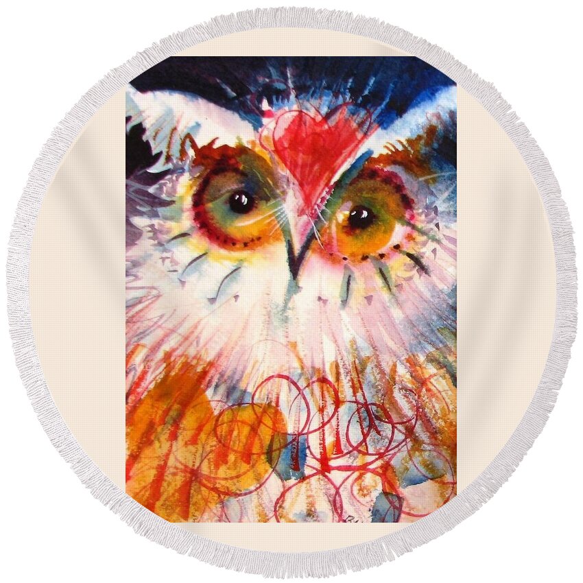  Owl Round Beach Towel featuring the painting Sweetheart Hooter by Laurel Bahe