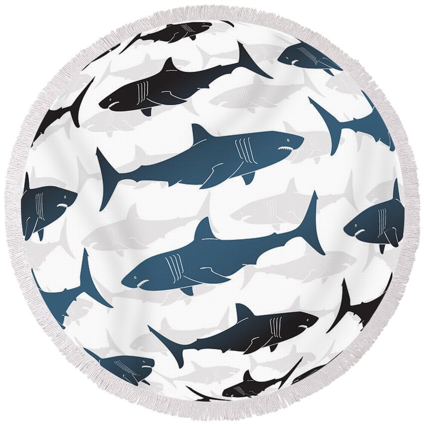 Shark Round Beach Towel featuring the painting Swimming Blue Sharks Around The Globe by Amy Kirkpatrick