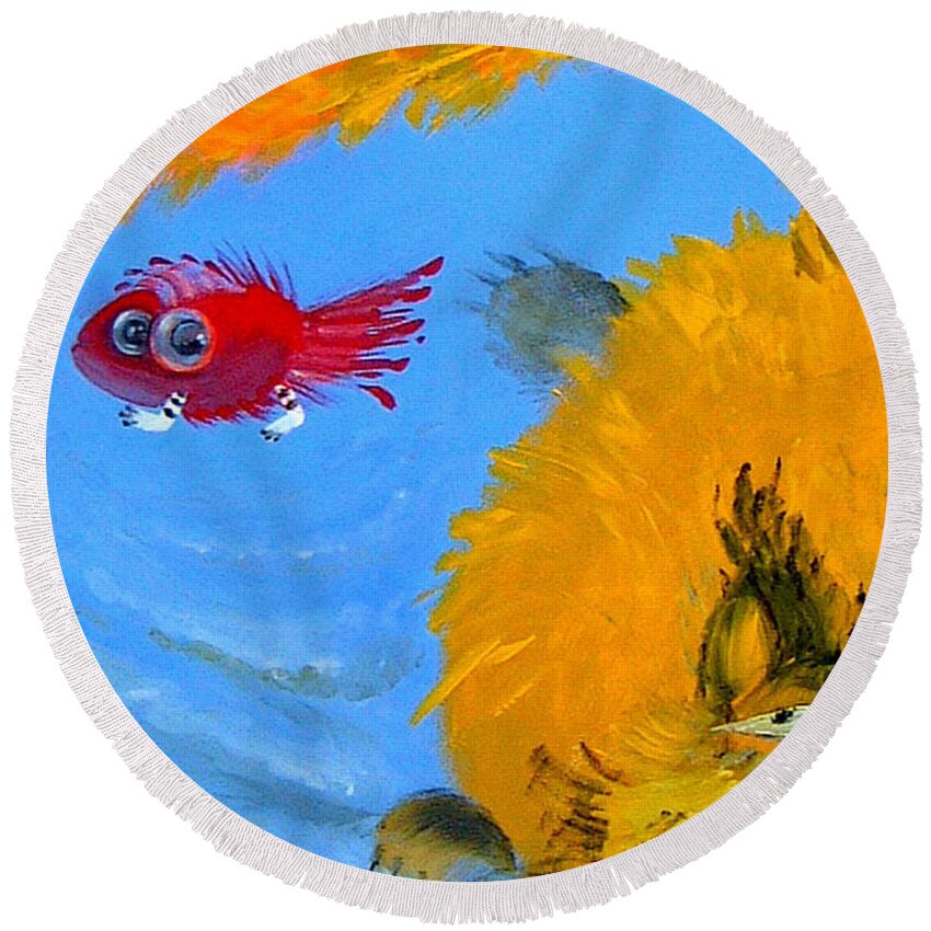 Animals Round Beach Towel featuring the painting Swimming of a Yellow Cat by Marina Gnetetsky