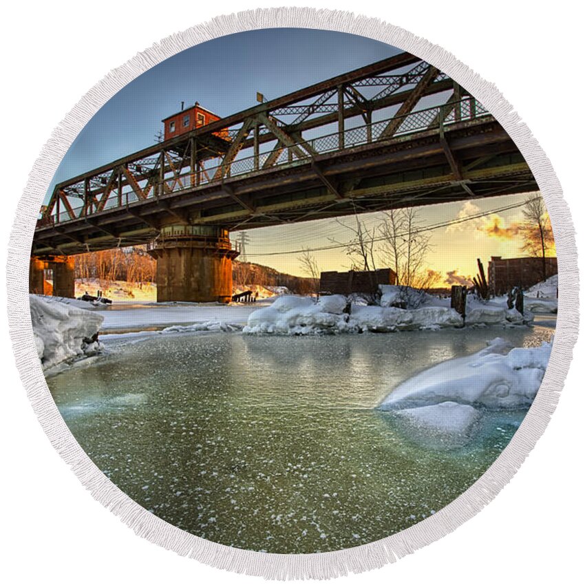 Architecture Round Beach Towel featuring the photograph Swing Bridge Frozen River by Jakub Sisak