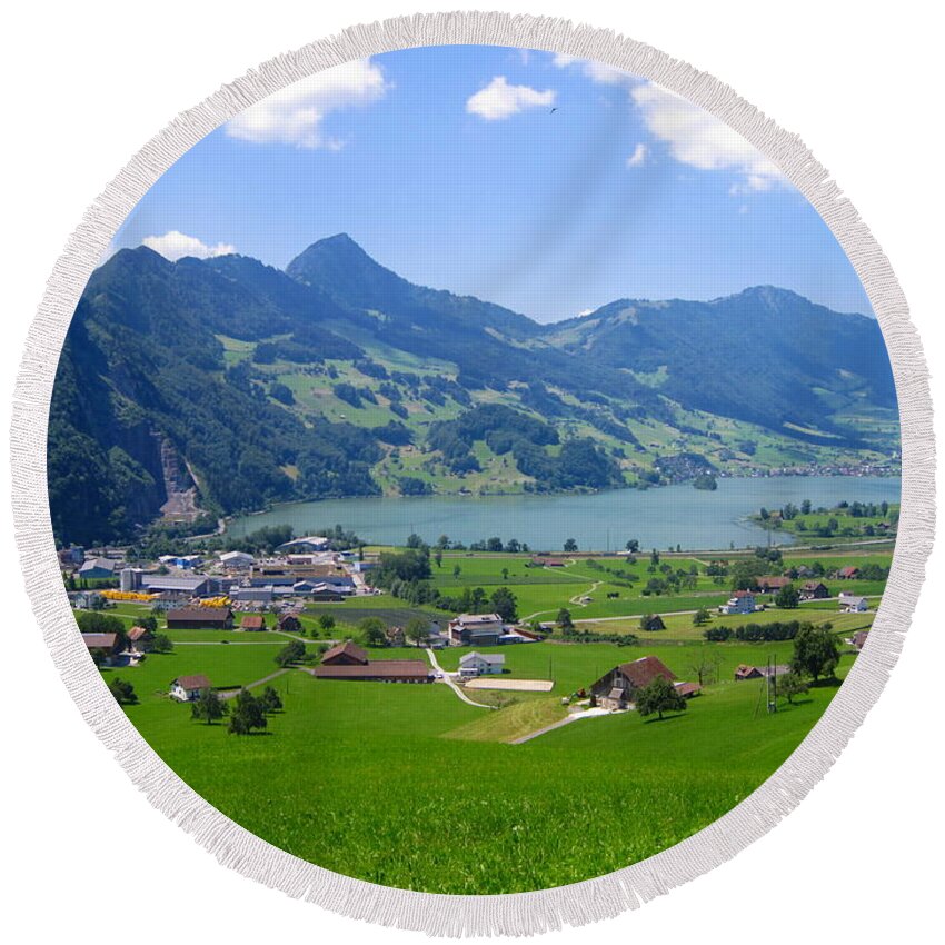 Alps Round Beach Towel featuring the photograph Swiss Landscape by Amanda Mohler