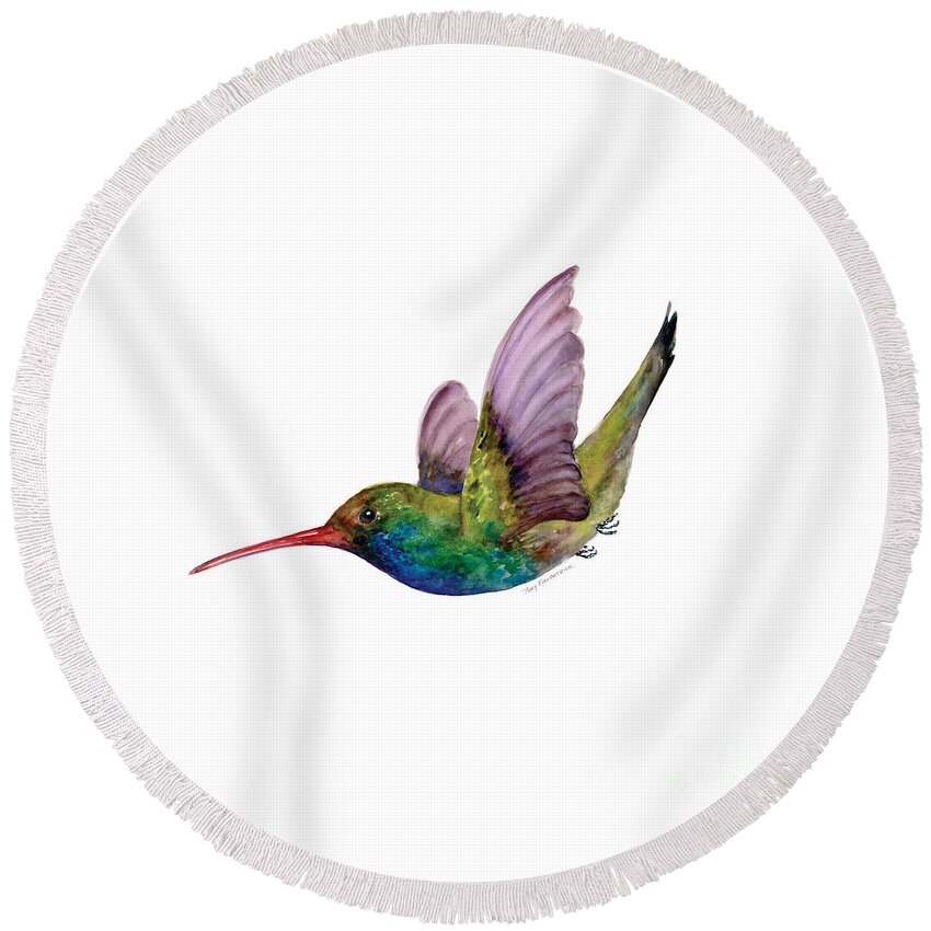 Bird Round Beach Towel featuring the painting Swooping Broad Billed Hummingbird by Amy Kirkpatrick