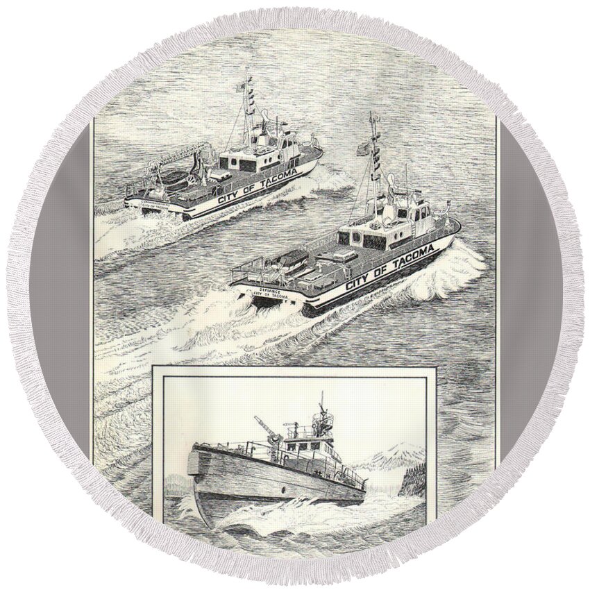 Pen & Ink Drawings By Jack Pumphrey Of Fireboat # 1 Was Built In 1929 For The Port Of Tacoma By The Coastline Shipbuilding Company Of Tacoma Round Beach Towel featuring the drawing Tacoma Fireboats New and Old Number 1 by Jack Pumphrey