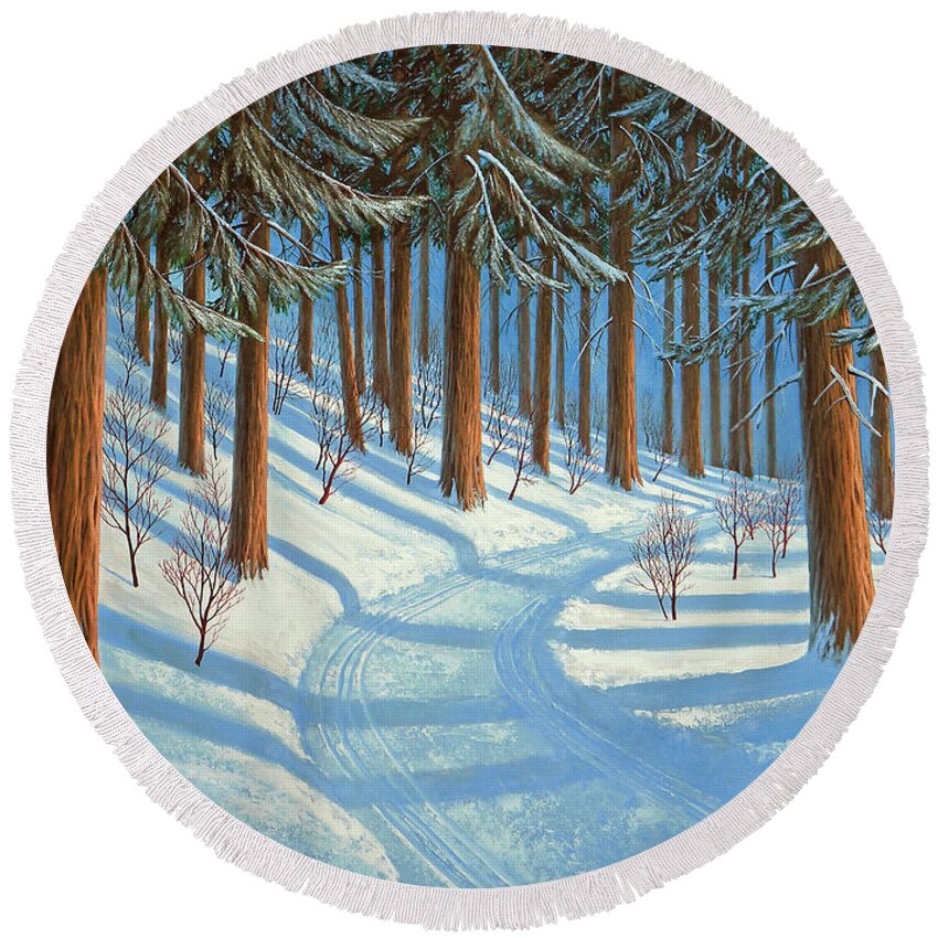 Tahoe Round Beach Towel featuring the painting Tahoe Forest In Winter by Frank Wilson