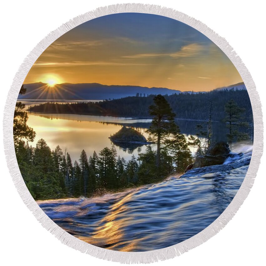 Landscape Round Beach Towel featuring the photograph Tahoe Sunrise by Maria Coulson
