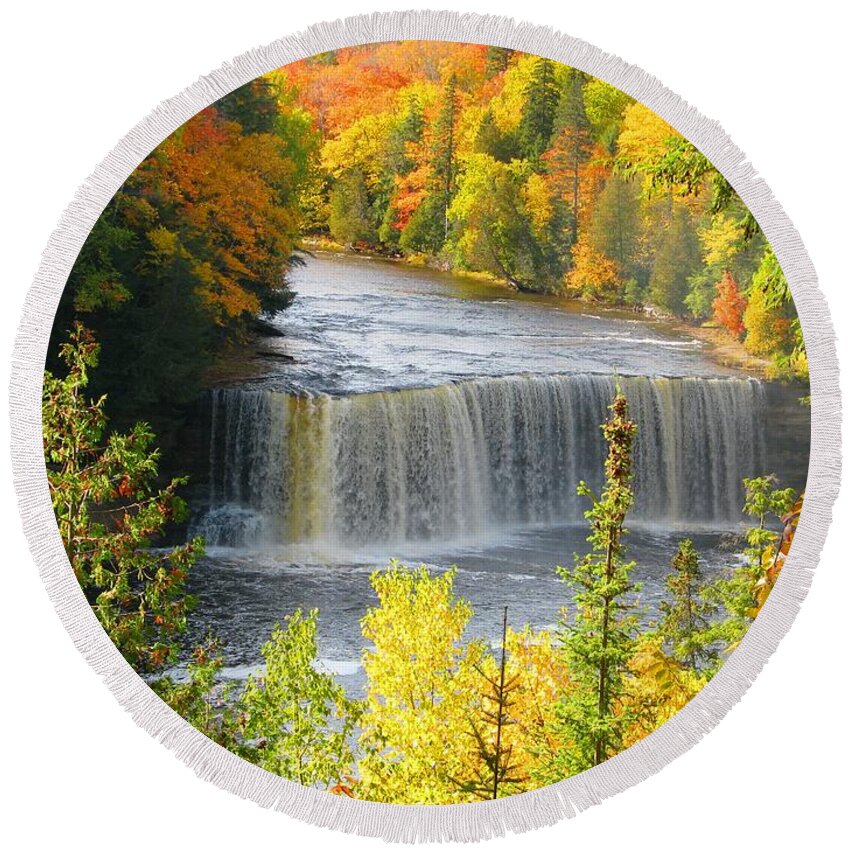 Waterfall Round Beach Towel featuring the photograph Tahquamenon Falls in October by Keith Stokes