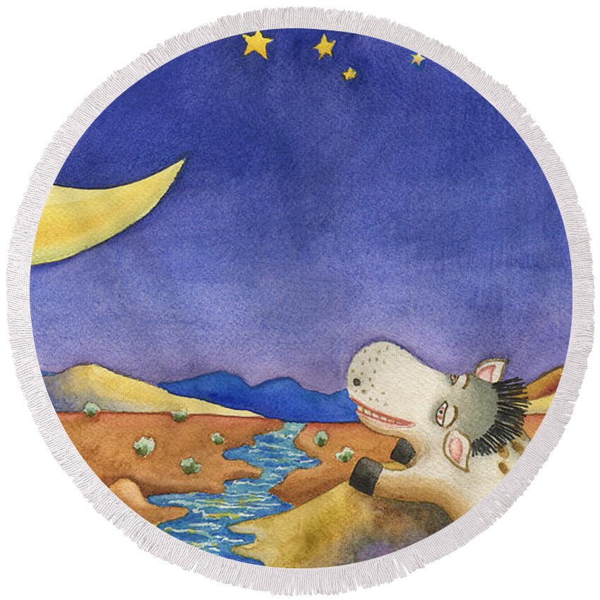 Spike The Dhog Painting Round Beach Towel featuring the painting Talking to Mr. Moon by Anne Gifford