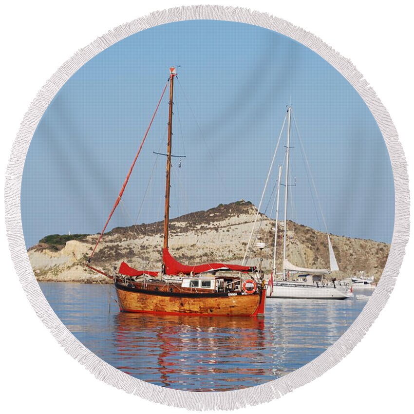 Tall Ships Round Beach Towel featuring the photograph Tall ship by George Katechis