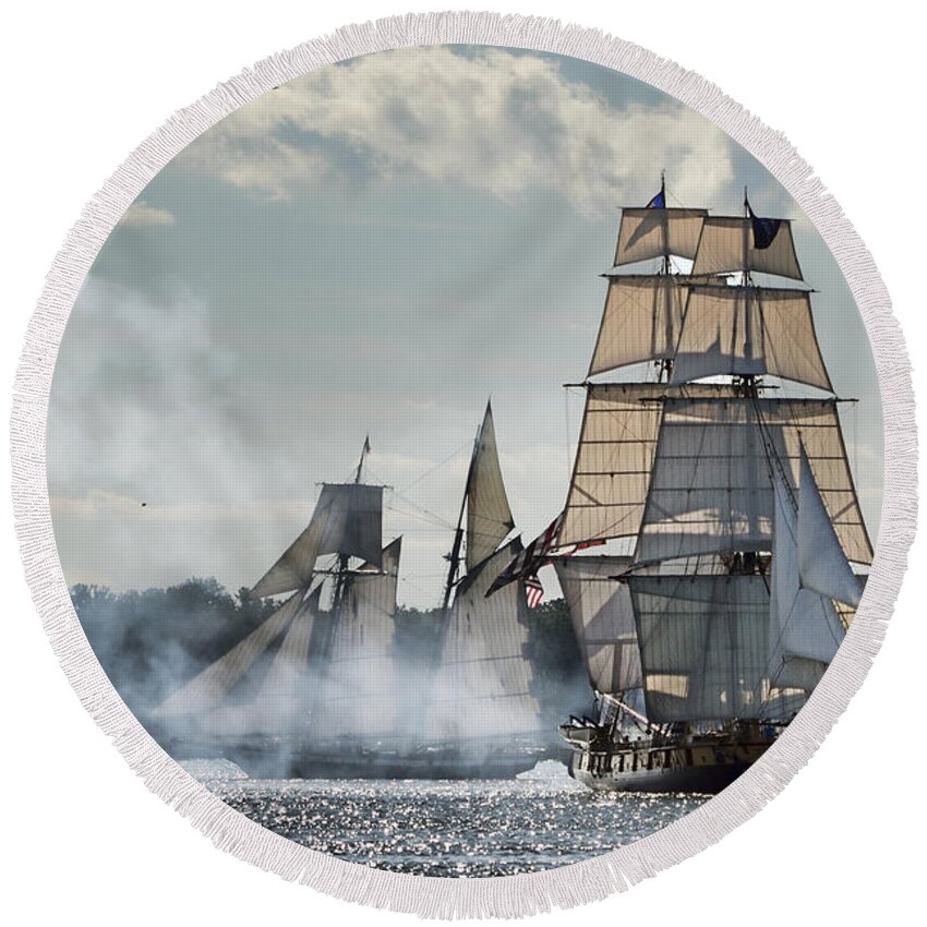 Battle Of Lake Erie Round Beach Towel featuring the photograph Tall Ships by Ann Bridges