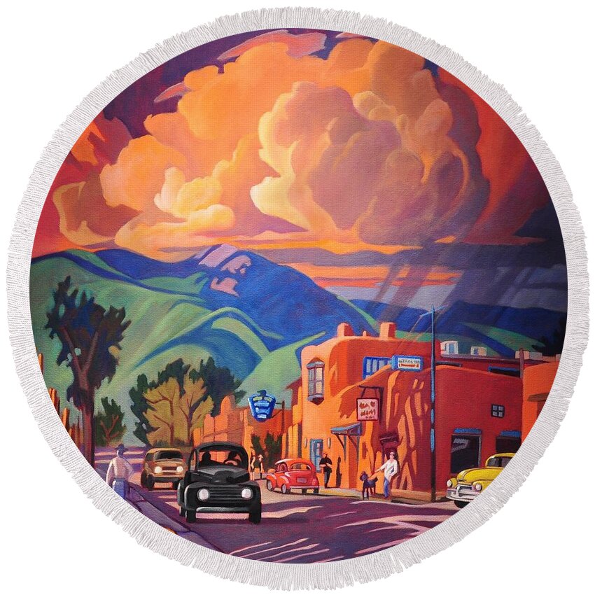 Taos Round Beach Towel featuring the painting Taos Inn Monsoon by Art West