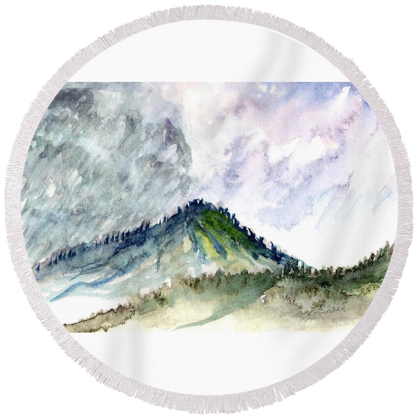 Landscape Round Beach Towel featuring the painting Taos Mountain by Ashley Kujan