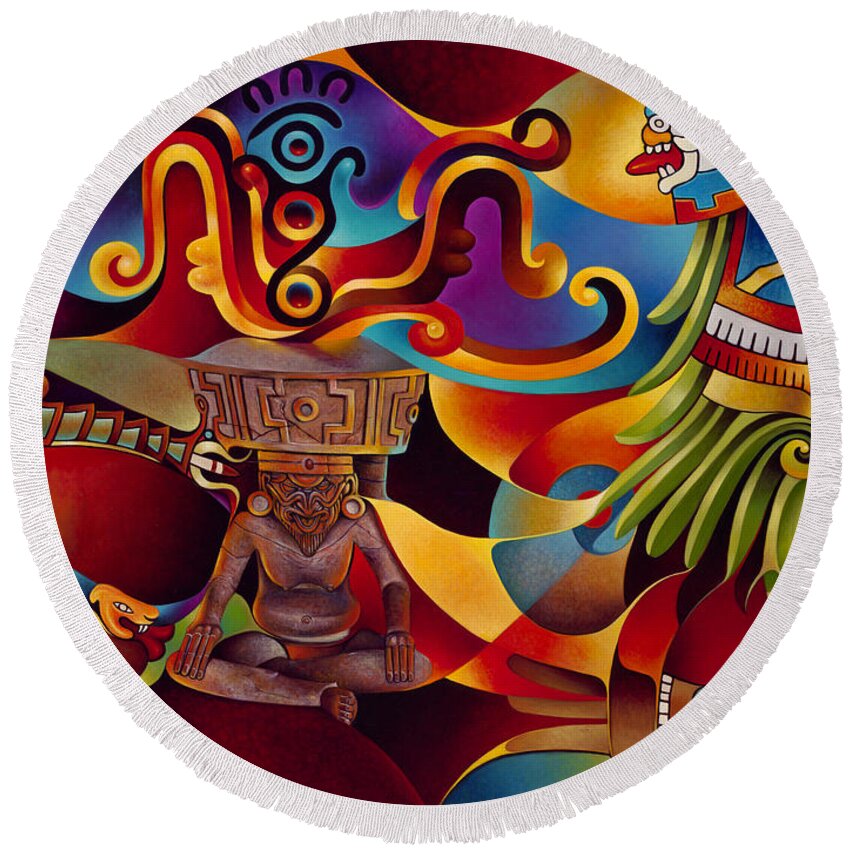 Aztec Round Beach Towel featuring the painting Tapestry of Gods - Huehueteotl by Ricardo Chavez-Mendez