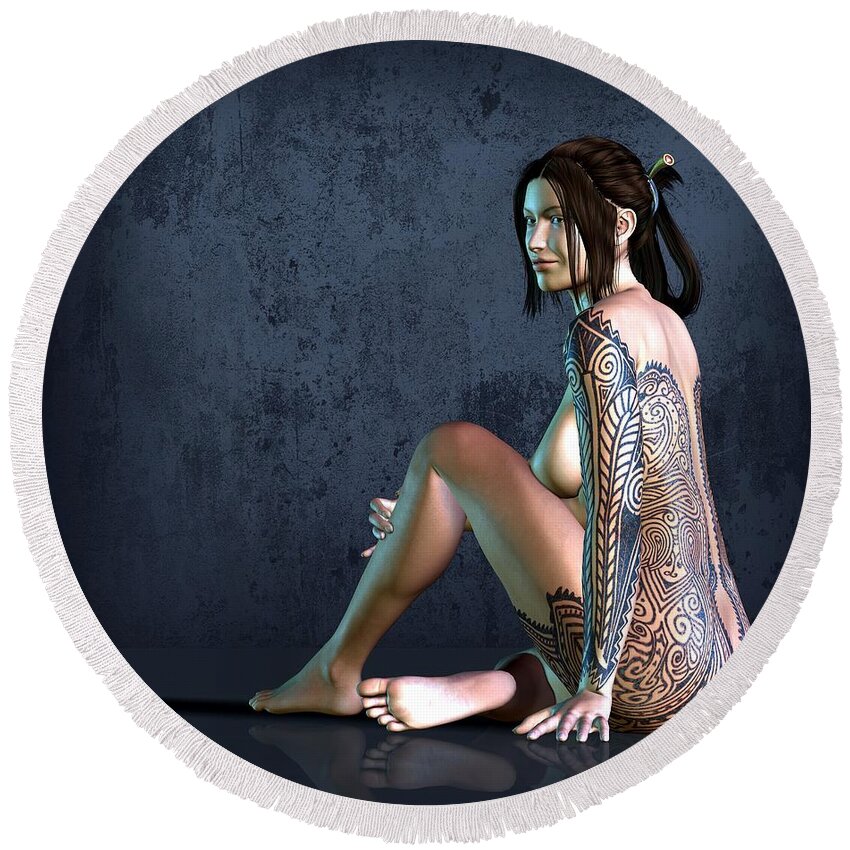  Round Beach Towel featuring the digital art Tattooed Nude 3 by Kaylee Mason