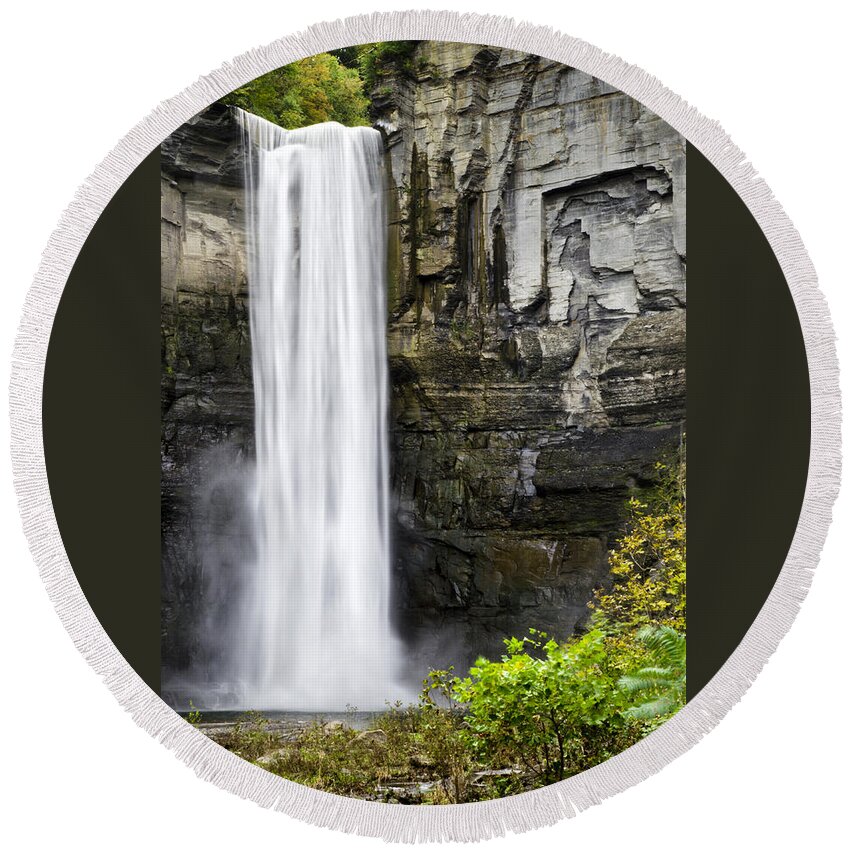 Waterfall Round Beach Towel featuring the photograph Taughannock Falls View From The Bottom by Christina Rollo