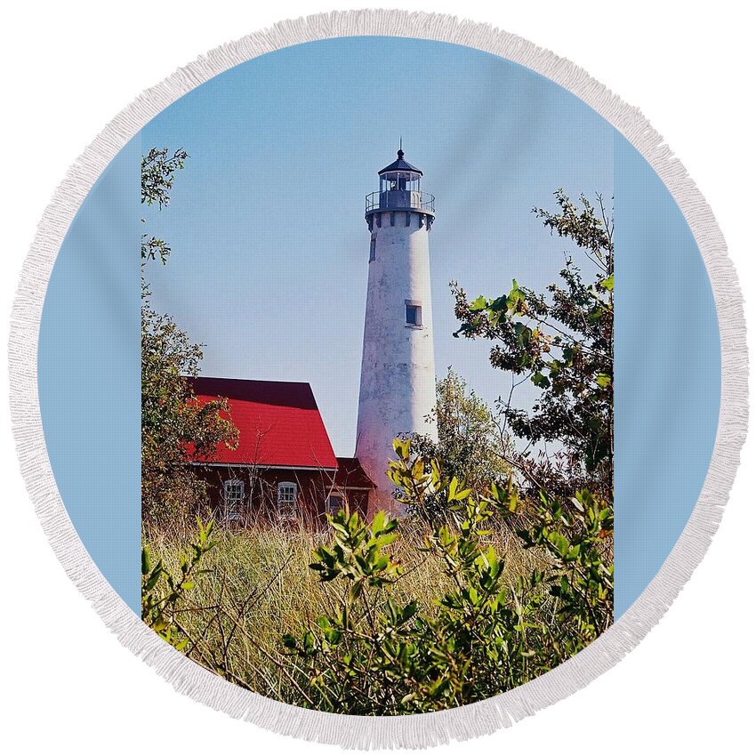 Tawas Point Lighthouse Round Beach Towel featuring the photograph Tawas Point Lighthouse...from Tawas Bay side by Daniel Thompson
