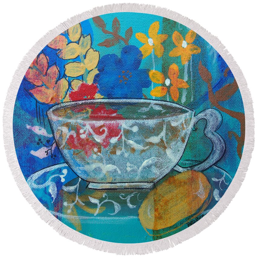 Tea Cup Round Beach Towel featuring the painting Tea With Biscuit by Robin Pedrero