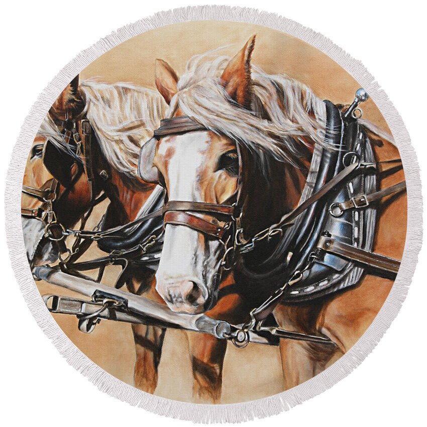 Horses Round Beach Towel featuring the painting Ted and Tom by Kim Lockman