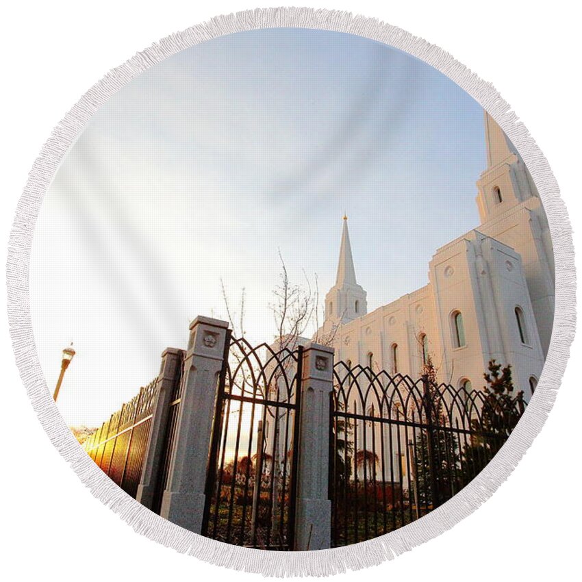 Brigham City Temple Round Beach Towel featuring the photograph Temple Ironwork by David Andersen