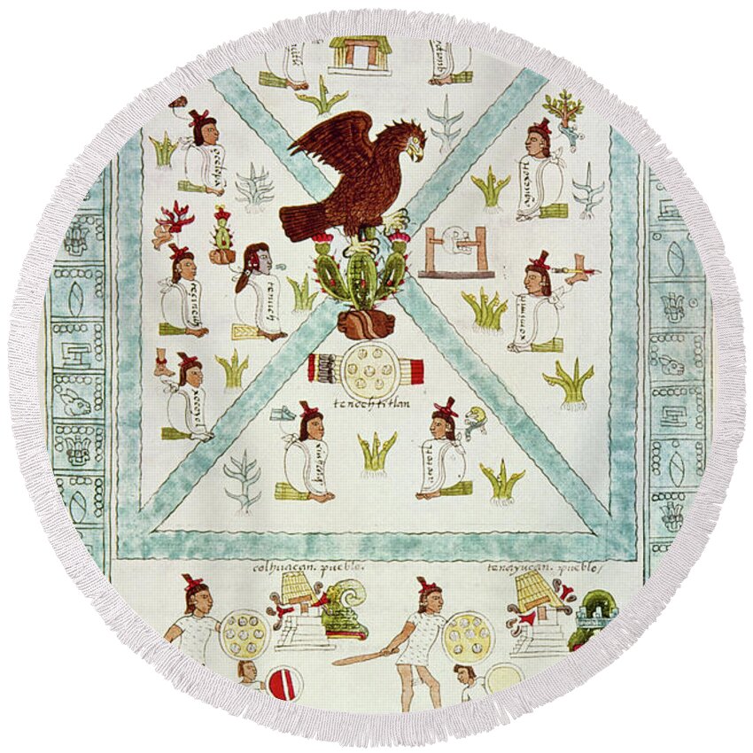 1542 Round Beach Towel featuring the drawing Tenochtitlan With Aztec Pictographs by Granger