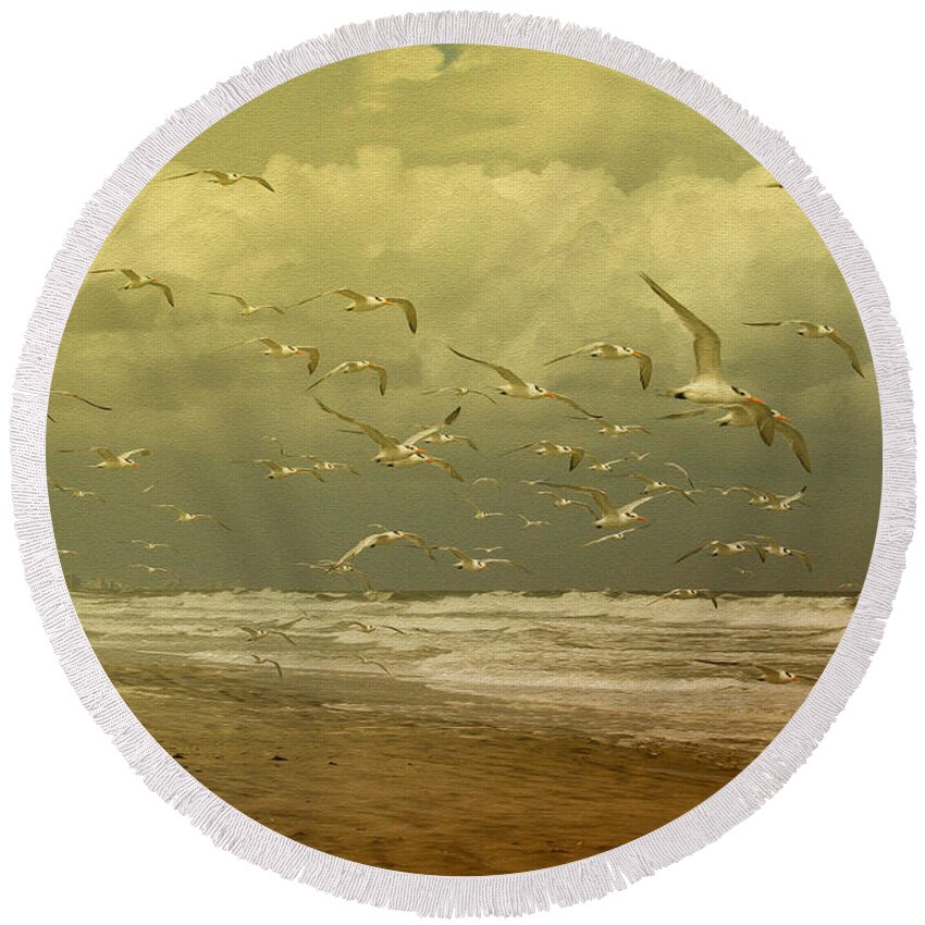 Terns Round Beach Towel featuring the photograph Terns in the Clouds by Deborah Benoit