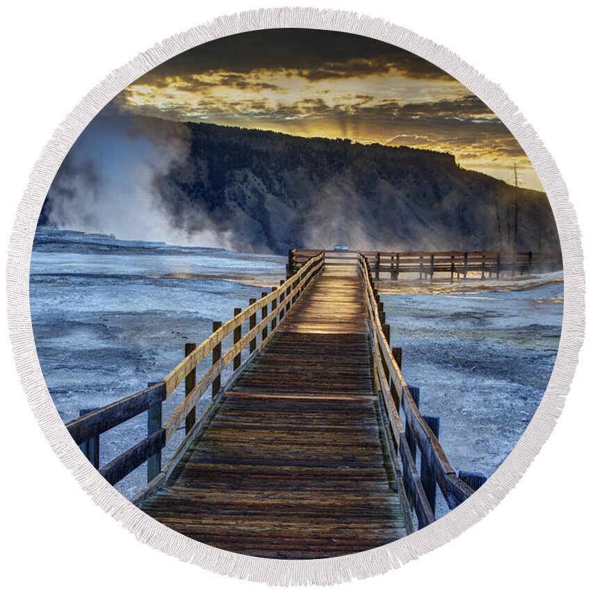 Yellowstone National Park Round Beach Towel featuring the photograph Terrace Boardwalk by Mark Kiver