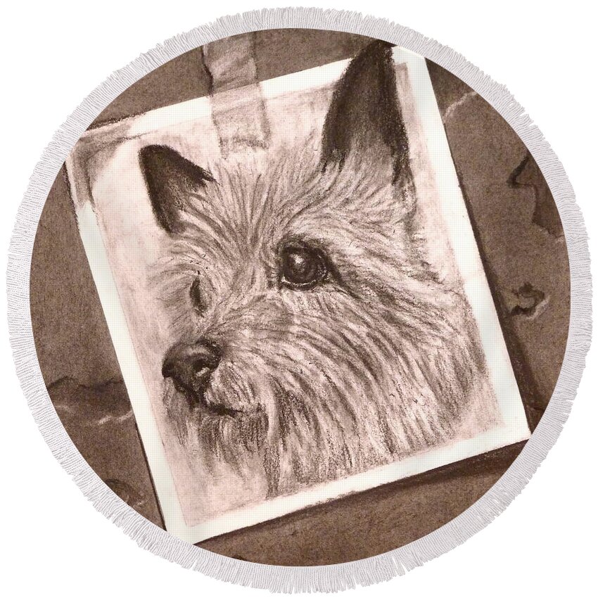 Cairn Terrier Round Beach Towel featuring the drawing Terrier as Optical Illusion by Susan A Becker