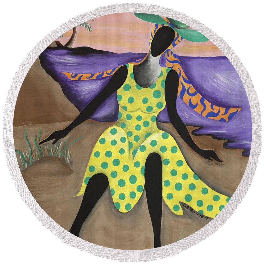 Black Art Round Beach Towel featuring the painting Test the Waters by Patricia Sabreee