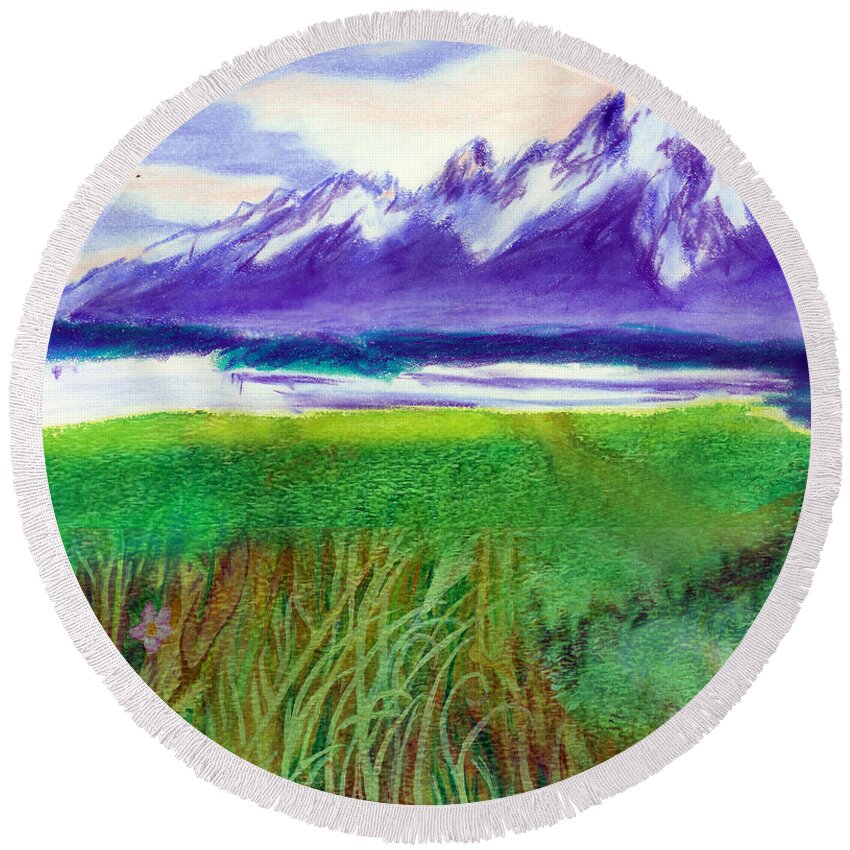 C Sitton Paintings Round Beach Towel featuring the mixed media Teton View by C Sitton