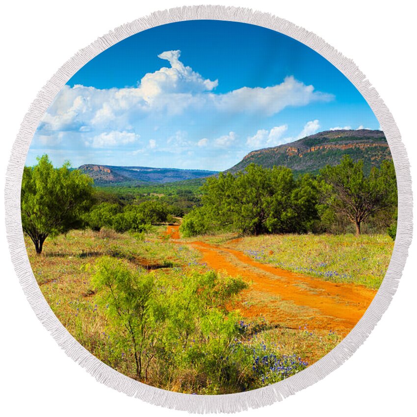 Texas Hill Country Round Beach Towel featuring the photograph Texas Hill Country Red Dirt Road by Darryl Dalton