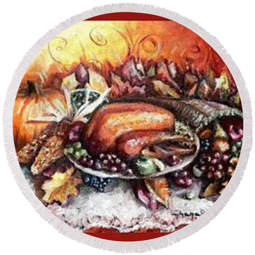 Thanksgiving Round Beach Towel featuring the painting Thanksgiving Autumnal Collage by Shana Rowe Jackson