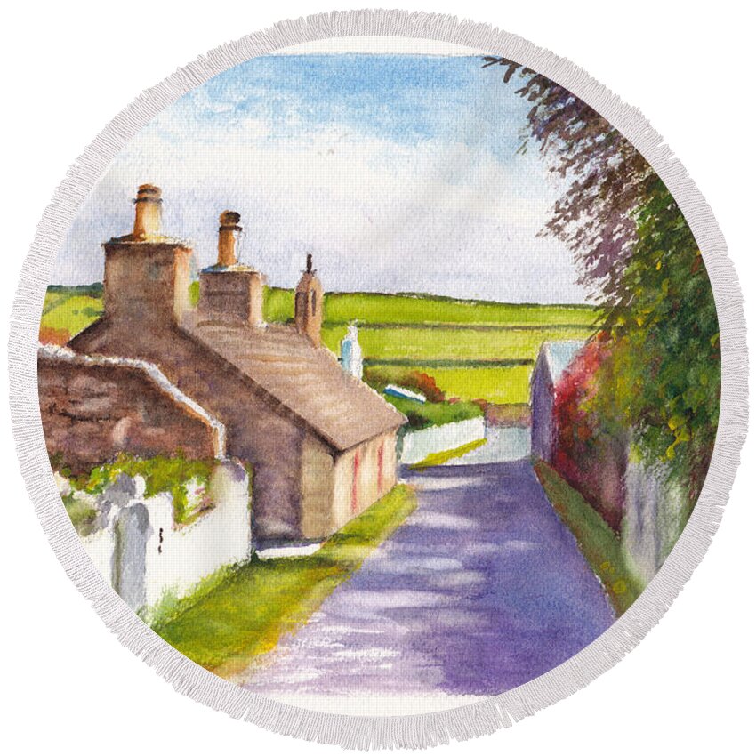 Landscape Round Beach Towel featuring the painting Thatched Cottage Cregneash Isle of Man by Dai Wynn