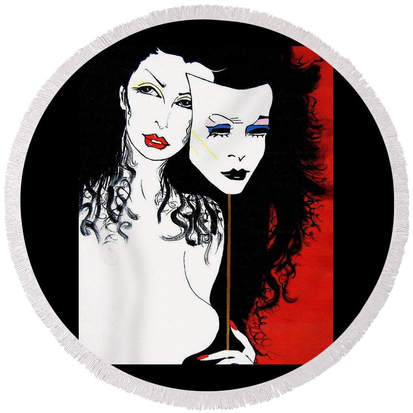 The 2 Face Girl Round Beach Towel featuring the painting The 2 Face Girl by Nora Shepley