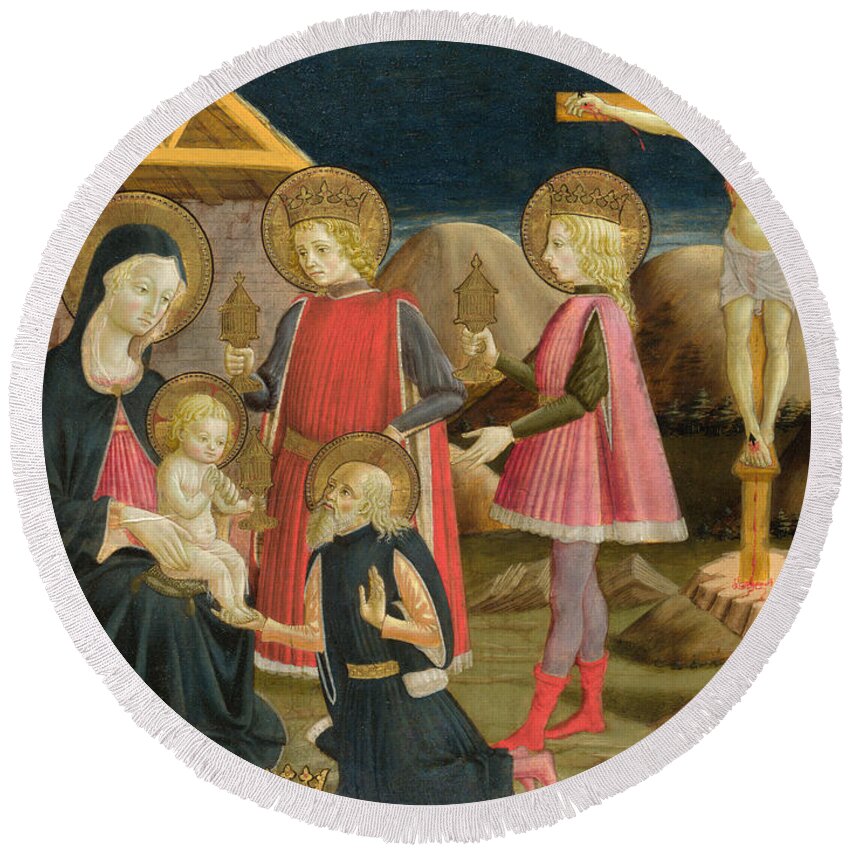 Benedetto Bonfigli Round Beach Towel featuring the painting The Adoration of the Kings and Christ on the Cross by Benedetto Bonfigli