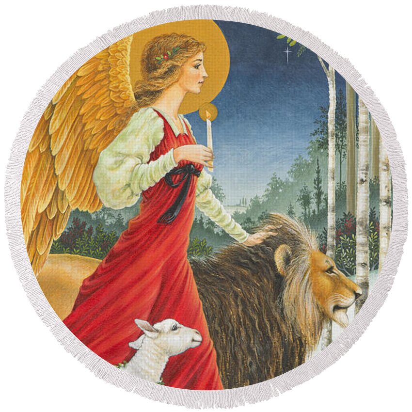 Angel Round Beach Towel featuring the painting The Angel The Lion and The Lamb by Lynn Bywaters