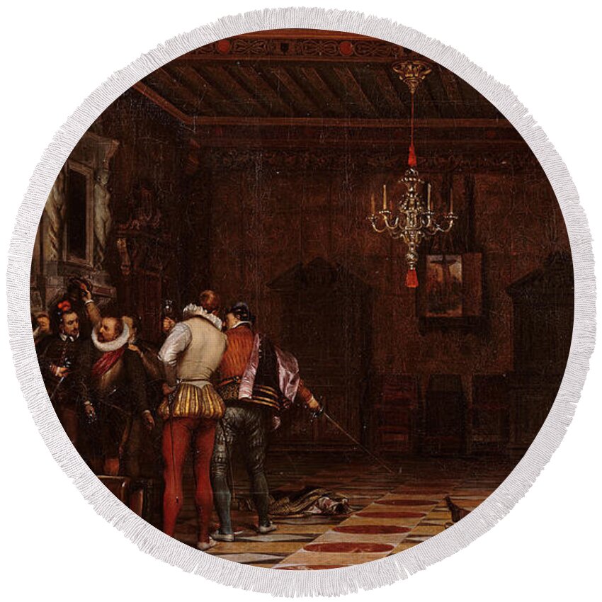 Paul Delaroche Round Beach Towel featuring the painting The assassination of the Duke of Guise in Chateau de Blois by Paul Delaroche