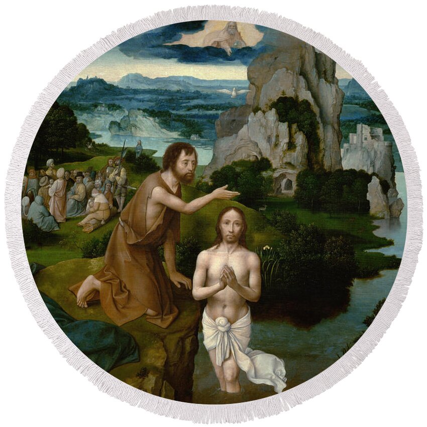 Joachim Patinir Round Beach Towel featuring the painting The Baptism of Christ by Joachim Patinir