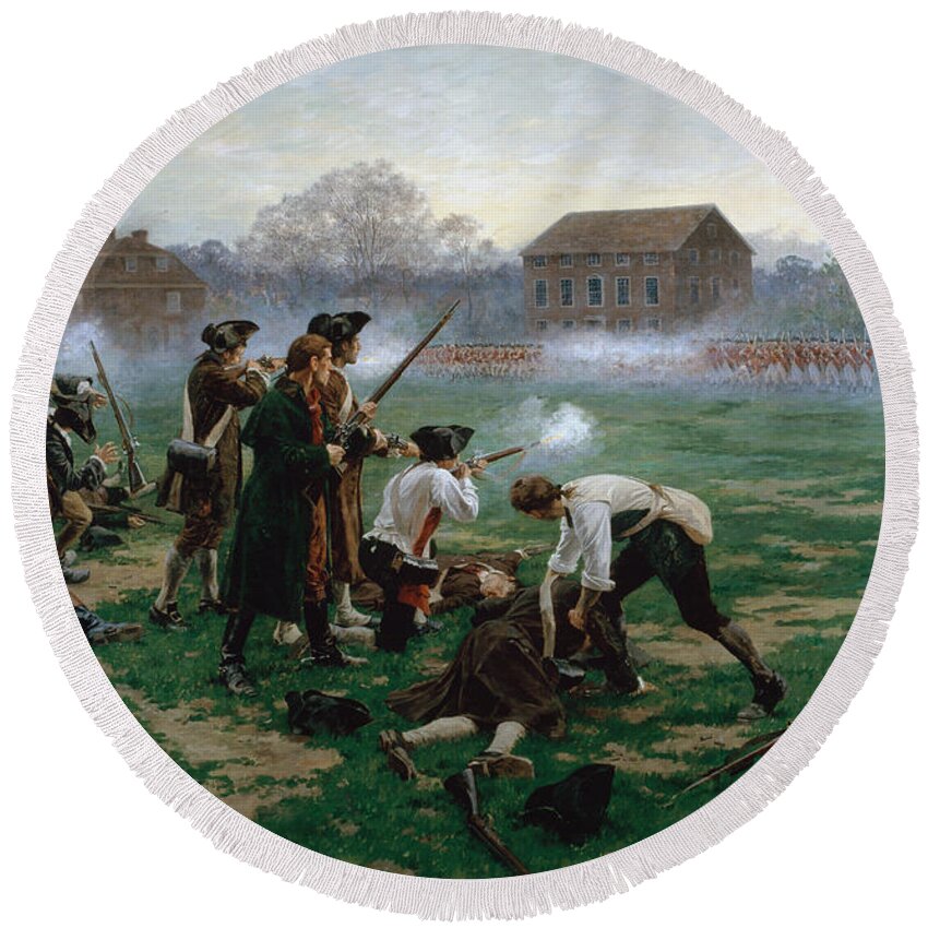 Massachusetts Round Beach Towel featuring the painting The Battle Of Lexington, 19th April 1775 by William Barnes Wollen