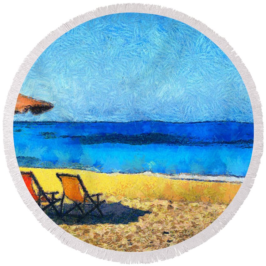 Rossidis Round Beach Towel featuring the painting The beach by George Rossidis