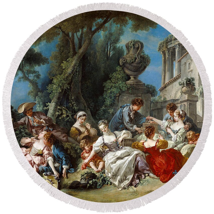 Boucher Round Beach Towel featuring the painting The Bird Catchers by Francois Boucher
