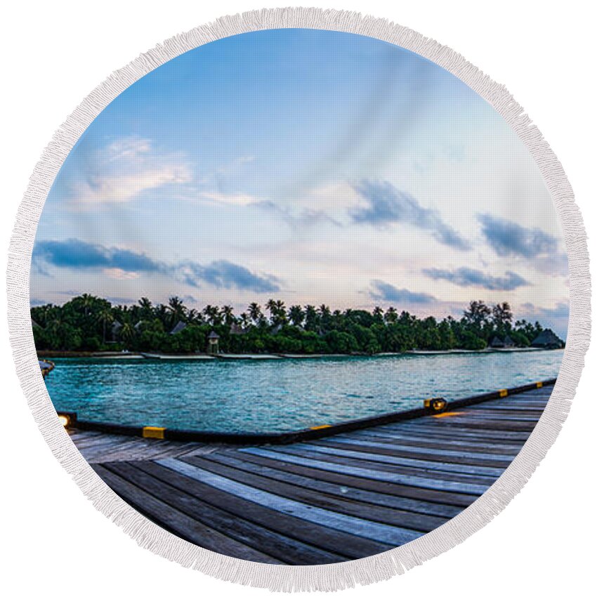 Architecture Round Beach Towel featuring the photograph The Boardwalk by Hannes Cmarits