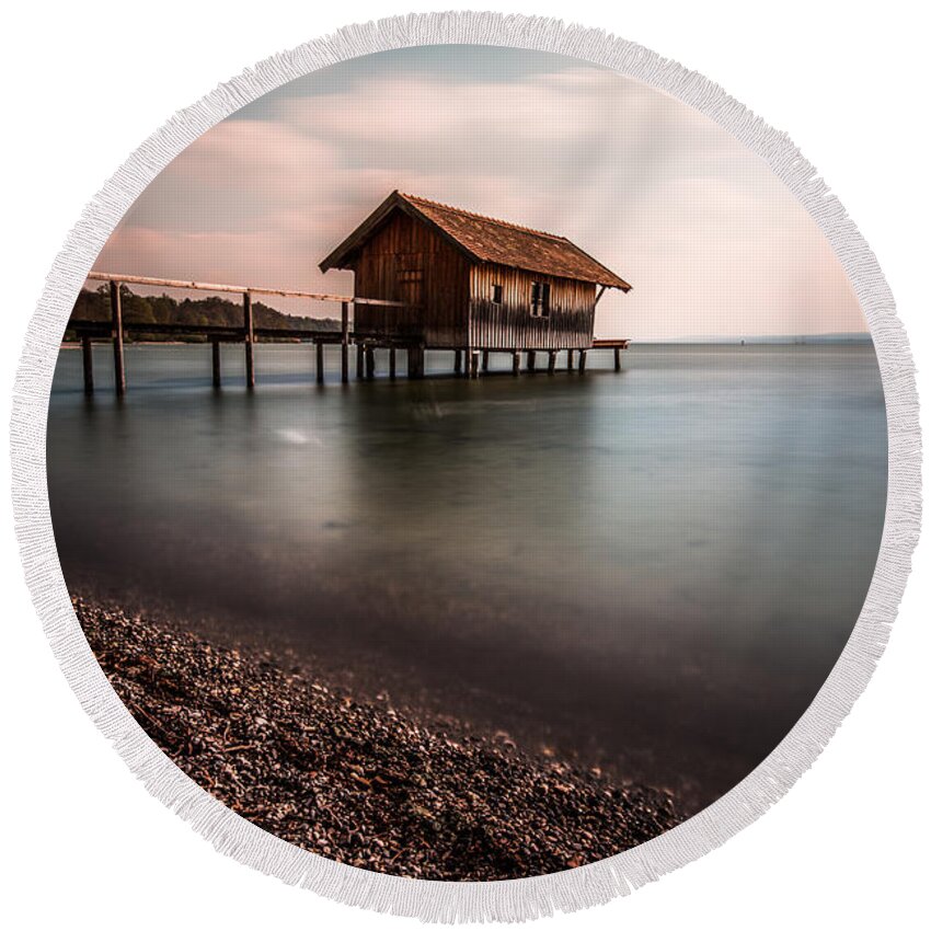 Ammersee Round Beach Towel featuring the photograph The boats house by Hannes Cmarits
