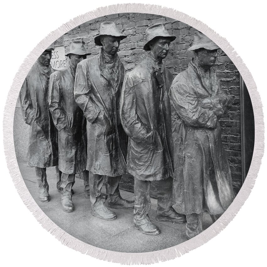 The Breadline Round Beach Towel featuring the photograph The Breadline BW - FDR Memorial by Emmy Marie Vickers