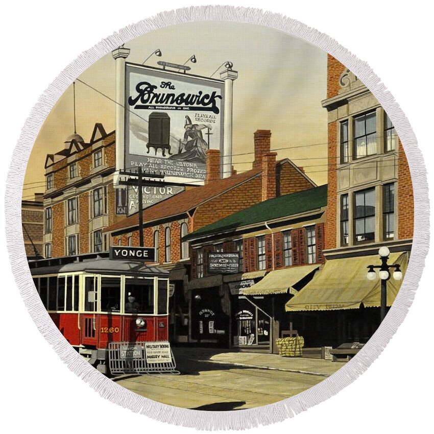 Toronto Round Beach Towel featuring the painting Yonge and College Streets 1917 aka The Brunswick 1917 by Kenneth M Kirsch